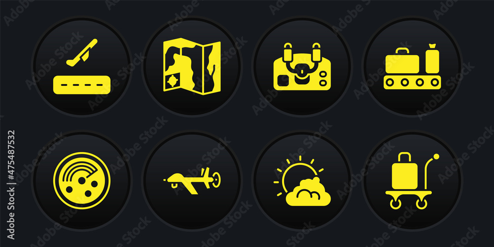 Set Radar with targets on monitor, Conveyor belt suitcase, UAV Drone, Sun and cloud weather, Aircraft steering helm, World travel map, Trolley baggage and Plane takeoff icon. Vector Set Radar with targets on monitor, Conveyor belt suitcase, UAV Drone, Sun and cloud weather, Aircraft steering helm, World travel map, Trolley baggage and Plane takeoff icon. Vector