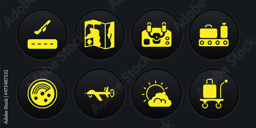 Set Radar with targets on monitor, Conveyor belt suitcase, UAV Drone, Sun and cloud weather, Aircraft steering helm, World travel map, Trolley baggage and Plane takeoff icon. Vector
