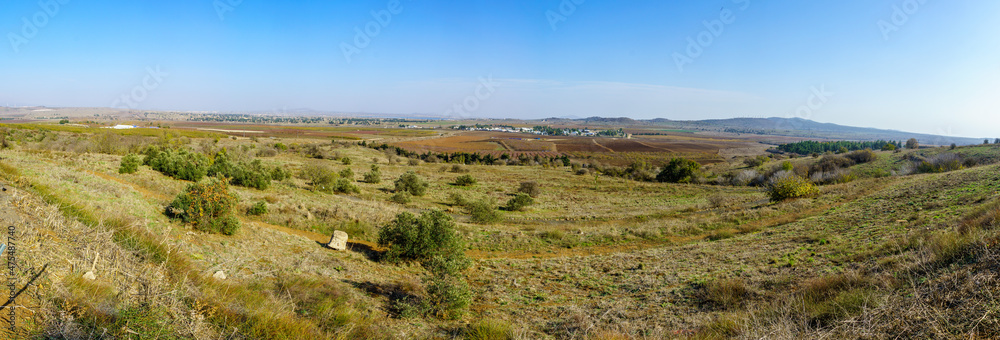 Panorama of the Golan Heights landscape, and the Syrian border