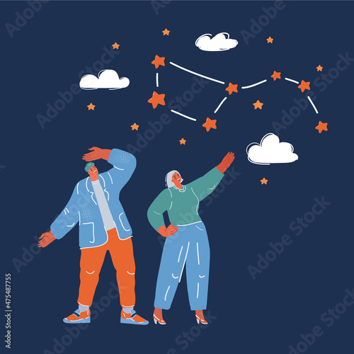 Cartoon vector illustration of A couple stay together and point faraway to see stars. Constellation the Great Bear. Big dipper in constellation, Ursa Majo on a black sky
