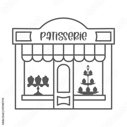 Bakery shop icon. Patisserie front with signboard. Pastry store. Facade of market. Outline vector illustration.