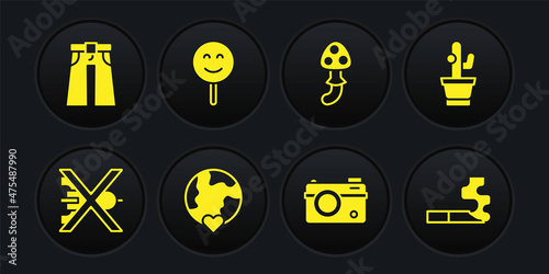 Set No war, Cactus, The heart world - love, Photo camera, Psilocybin mushroom, Smile face, Cigarette and Jeans wide icon. Vector