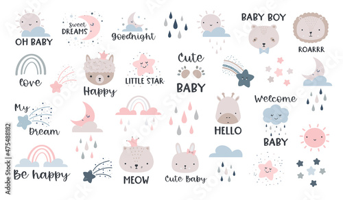 Cute posters with moon, stars, clouds and letterings. Vector prints for baby room, baby shower, greeting card, kids and baby t-shirts and wear. Hand drawn, nursery graphics elements