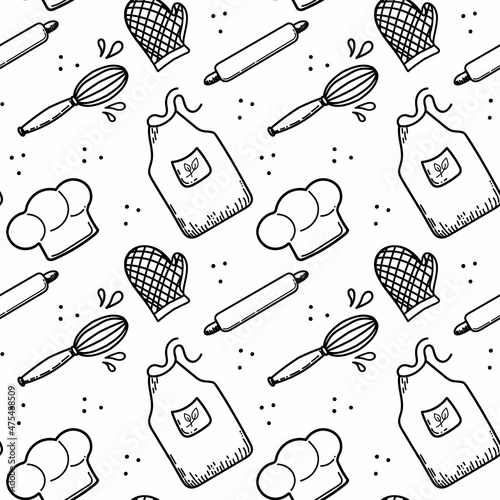 A seamless pattern of kitchen utensils. Hand-drawn vector. Cook's cap, apron and mittens. Dough tools. Doodle sketch style vector.