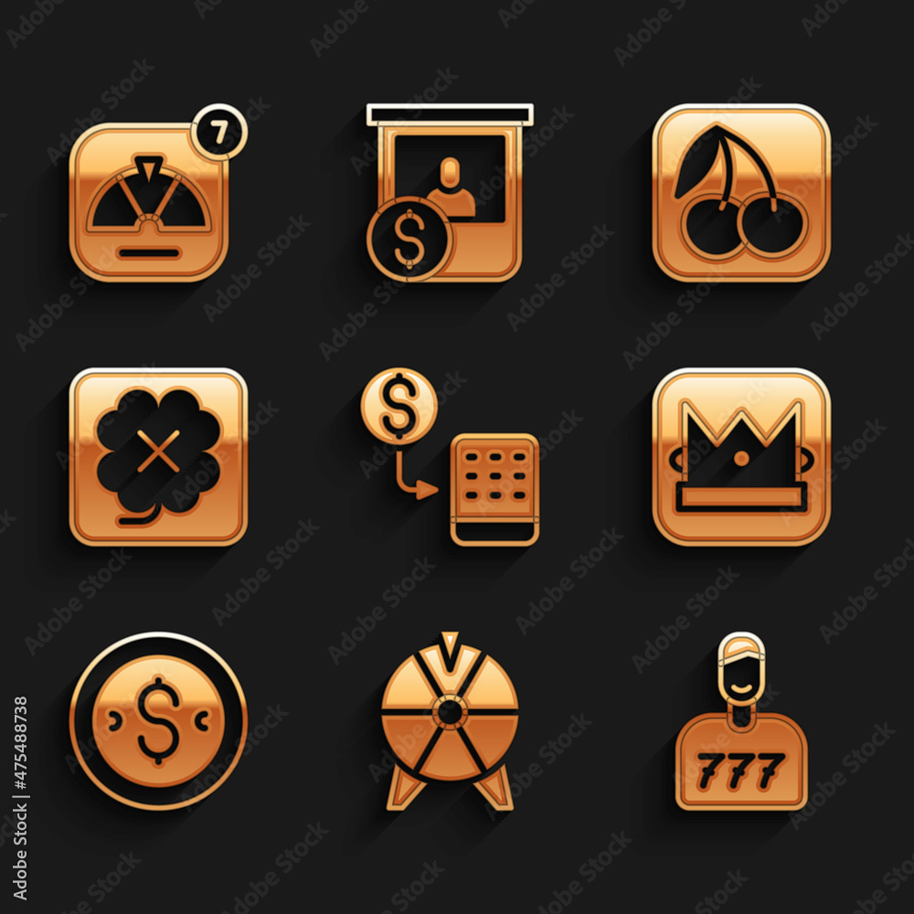 Set Casino chips exchange, Lucky wheel, player, King playing card, Coin money with dollar, slot machine, Slot cherry and icon. Vector Set Casino chips exchange, Lucky wheel, player, King playing card, Coin money with dollar, slot machine, Slot cherry and icon. Vector