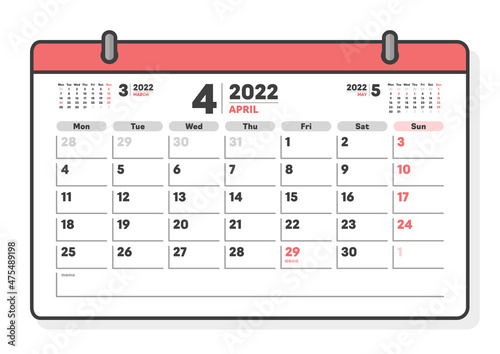 2022年4月の日本の祝日入りカレンダー - 月曜始まりのシンプルな月めくりカレンダー - マンスリー