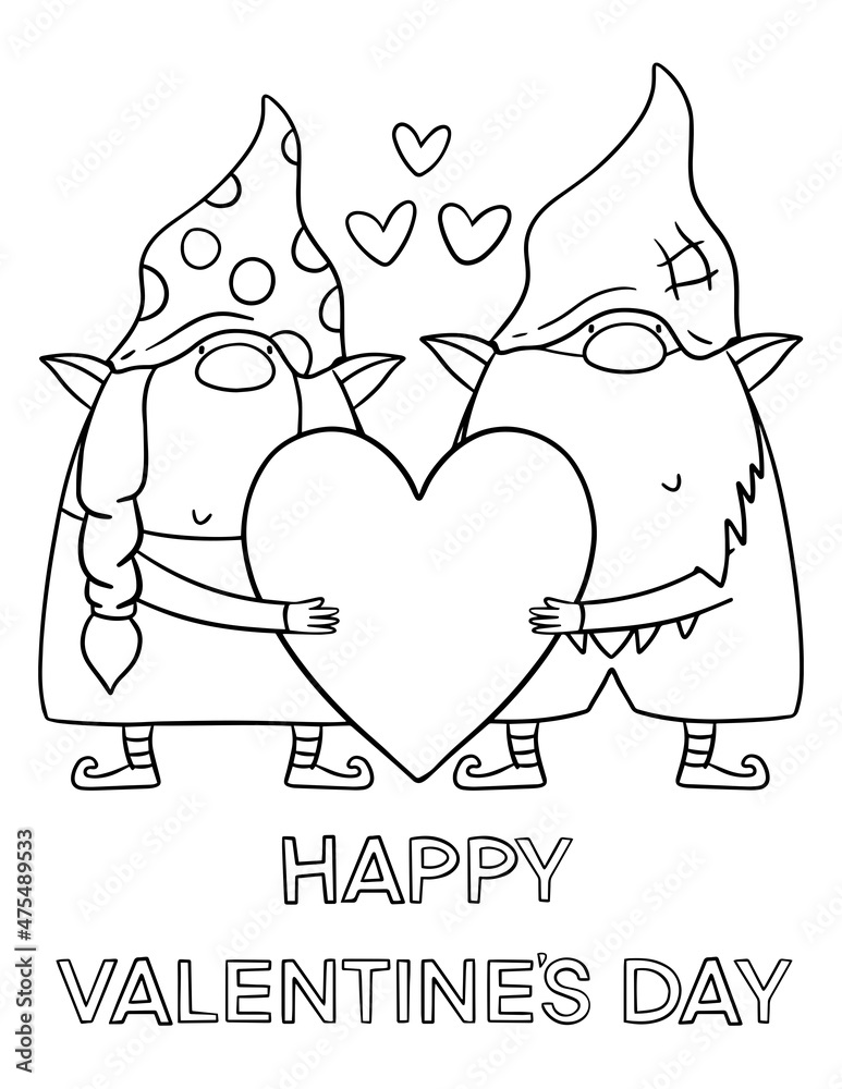 Happy Valentines day gnomes coloring book page. Valentine coloring card ...