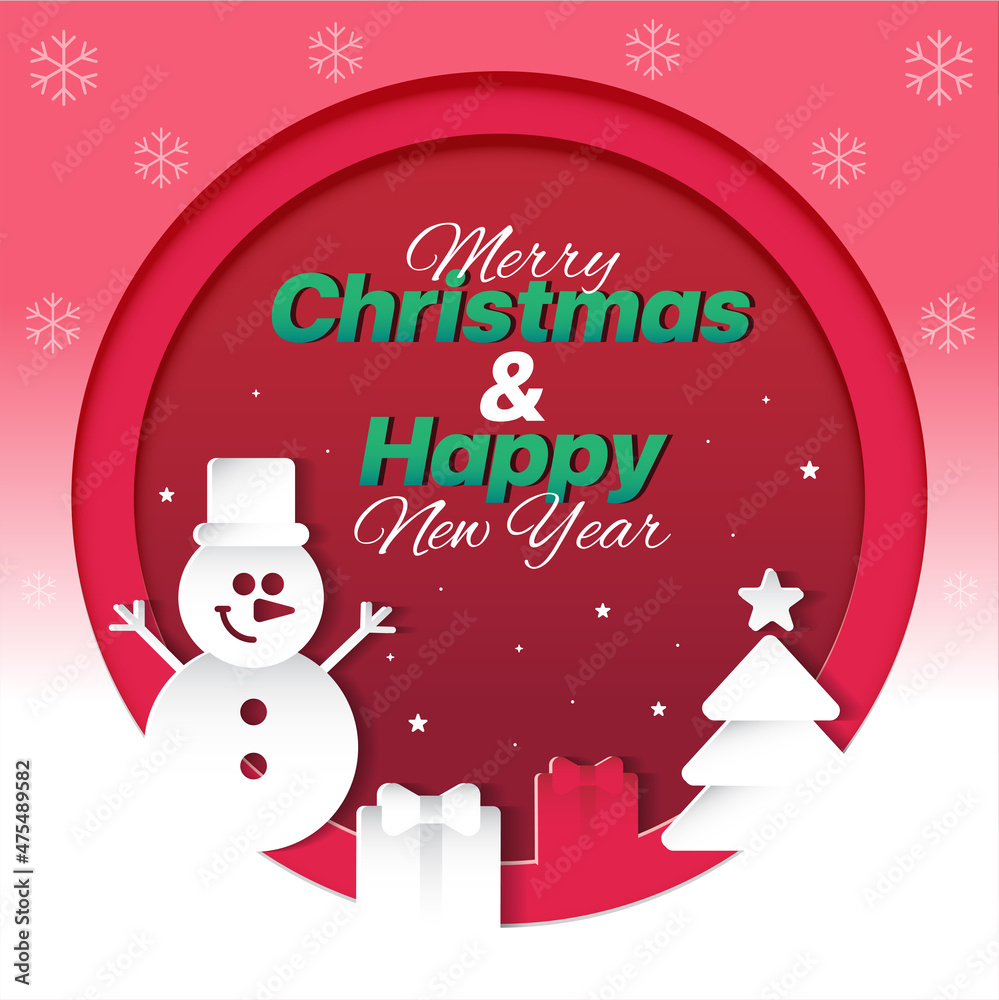 3D Christmas Trees Paper Card Cute Merry Christmas Happy New Year Christmas Tree Snowman Snowflake Gift Box Present Star Decorative Square Post Card Poster Promotion Banner Gradient Red Background