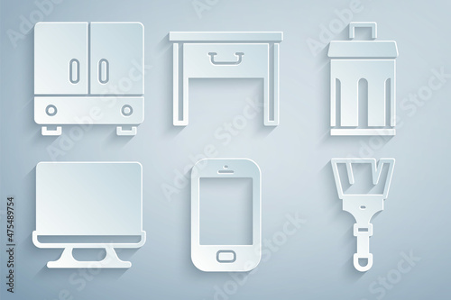 Set Mobile phone, Trash can, Smart Tv, Paint brush, Furniture nightstand and Wardrobe icon. Vector