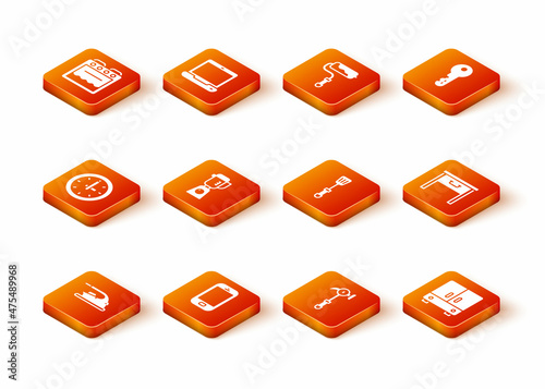 Set Electric iron, Mobile phone, Clock, Blender, Hammer, Spatula, Wardrobe and Furniture nightstand icon. Vector