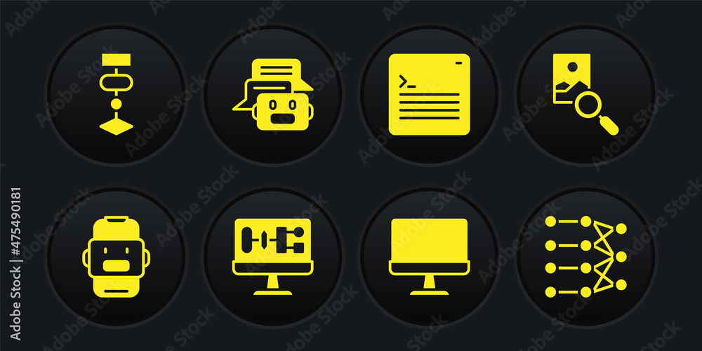 Set Chat bot, Photo retouching, Algorithm, Computer monitor, Web developer programming code, Neural network and icon. Vector Set Chat bot, Photo retouching, Algorithm, Computer monitor, Web developer programming code, Neural network and icon. Vector