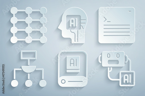 Set Artificial intelligence AI, Web developer programming code, Algorithm, robot, Humanoid and Neural network icon. Vector