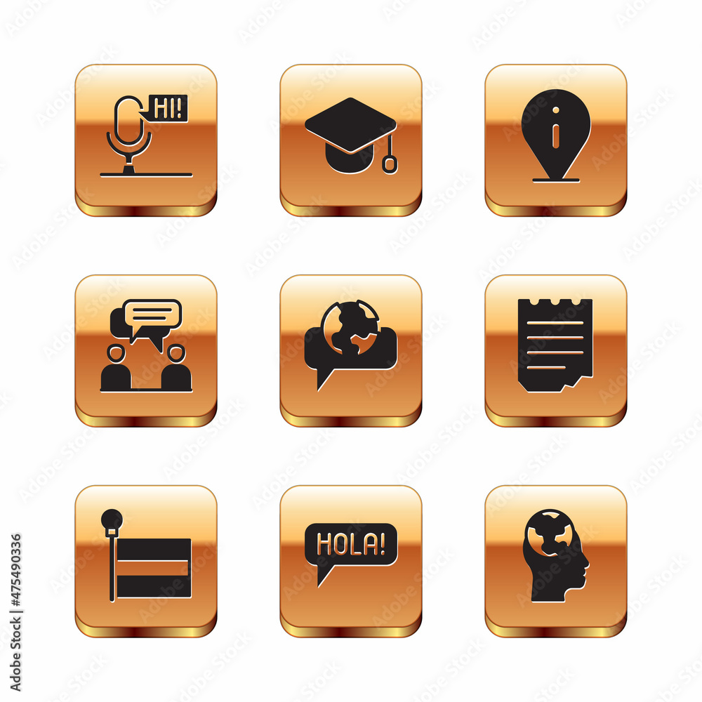 Set Microphone voice device, Flag, Hola in different languages, Learning foreign, Two sitting men talking, Information, and Graduation cap icon. Vector Set Microphone voice device, Flag, Hola in different languages, Learning foreign, Two sitting men talking, Information, and Graduation cap icon. Vector