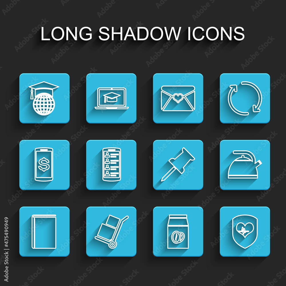 Set line Book, Hand truck and boxes, Graduation cap on globe, Coffee beans in bag, Shield heart rate, Smartphone with contacts, Kettle handle and Push pin icon. Vector Set line Book, Hand truck and boxes, Graduation cap on globe, Coffee beans in bag, Shield heart rate, Smartphone with contacts, Kettle handle and Push pin icon. Vector