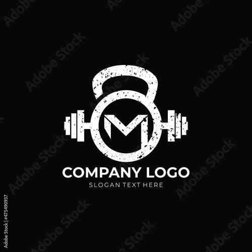 Kettlebell Grunge logo M Letter Logo Design M kettlebell grunge logo