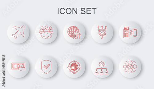 Set line Product development, Cash back, Globe with flying plane, Lead management, Plane, Project team base, Shield check mark and Outsourcing concept icon. Vector