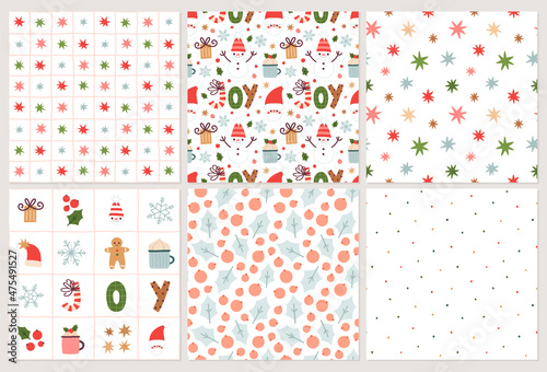 Set of Christmas patterns. Cute cartoon characters, stars, holly berries and winter time elements.