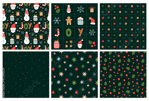 Set of Christmas patterns. Dark green background collection. Cute cartoon characters, stars, holly berries and winter time elements.