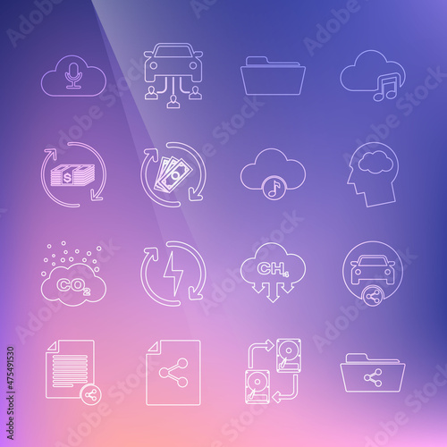 Set line Share folder, Car sharing, Head silhouette with cloud, Folder, Refund money, Music streaming service and icon. Vector