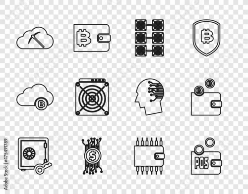 Set line Proof of stake, Mining farm, Cryptocurrency bitcoin circuit, cloud mining, ASIC Miner, wallet and icon. Vector