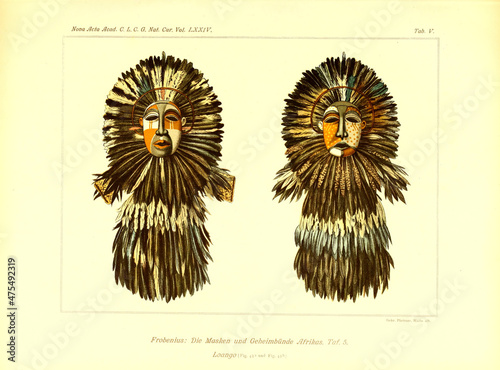 African masks, 19th century illustration photo