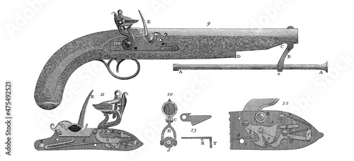 Baker's improved pistol, 19th century illustration photo