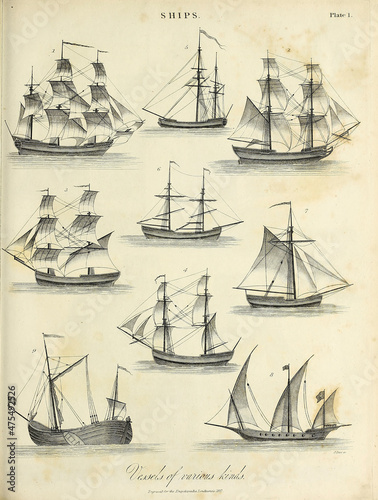 Ships of various kinds, 19th century illustration photo
