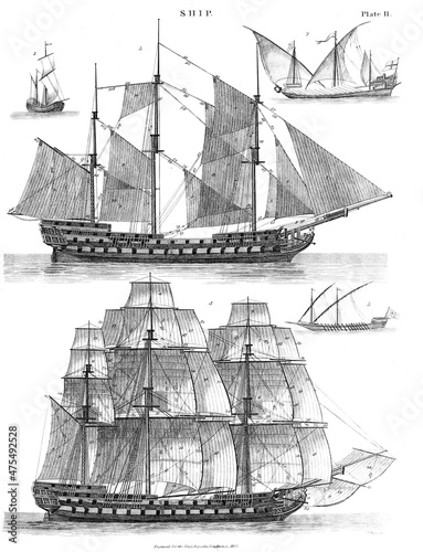 Ships of various kinds, 19th century illustration photo