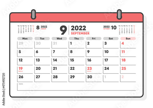 2022年9月の日本の祝日入りカレンダー - 月曜始まりのシンプルな月めくりカレンダー - マンスリー