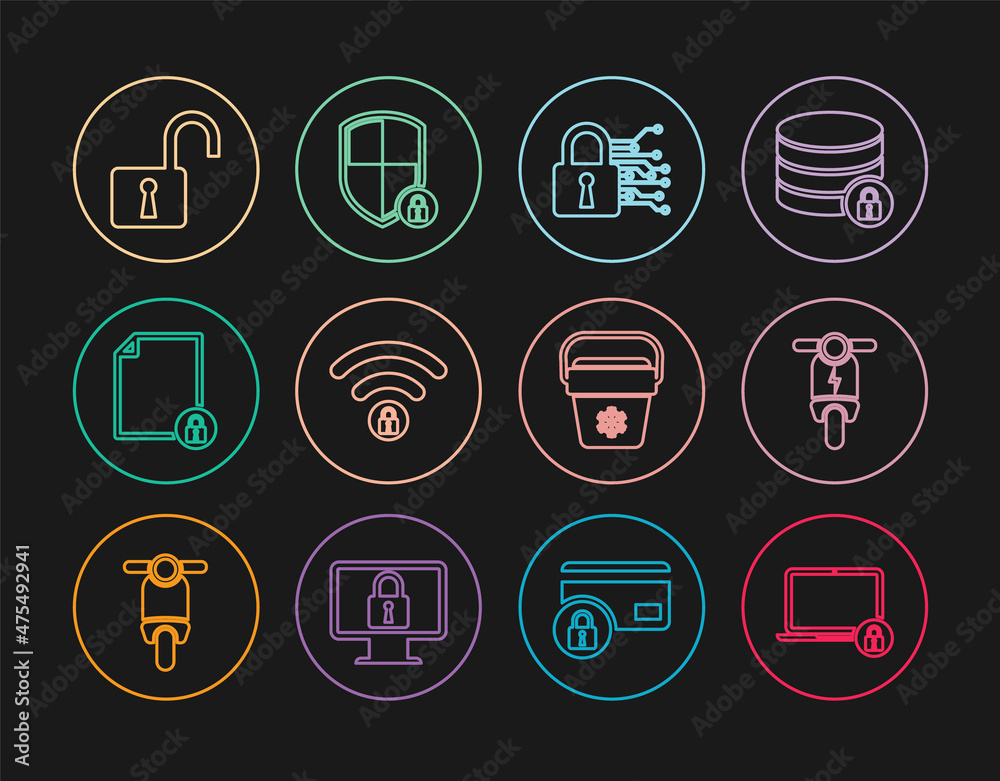 Set line Laptop and lock, Electric scooter, Cyber security, Wifi locked, Document, Open padlock, Cooler bag and Shield with icon. Vector Set line Laptop and lock, Electric scooter, Cyber security, Wifi locked, Document, Open padlock, Cooler bag and Shield with icon. Vector