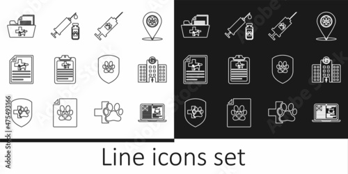 Set line Clinical record cat on laptop, Veterinary medicine hospital, Syringe with pet vaccine, Medical certificate for dog, veterinary folder, Animal health insurance and icon. Vector