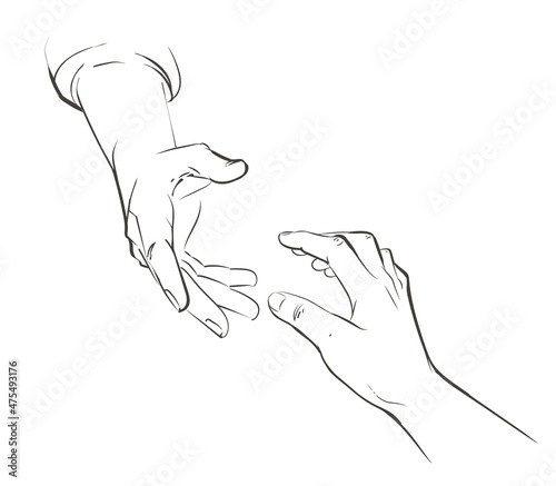 Helping hand concept. Gesture, sign of help and hope. Two hands taking each other. Isolated watercolor, line illustration on white background.