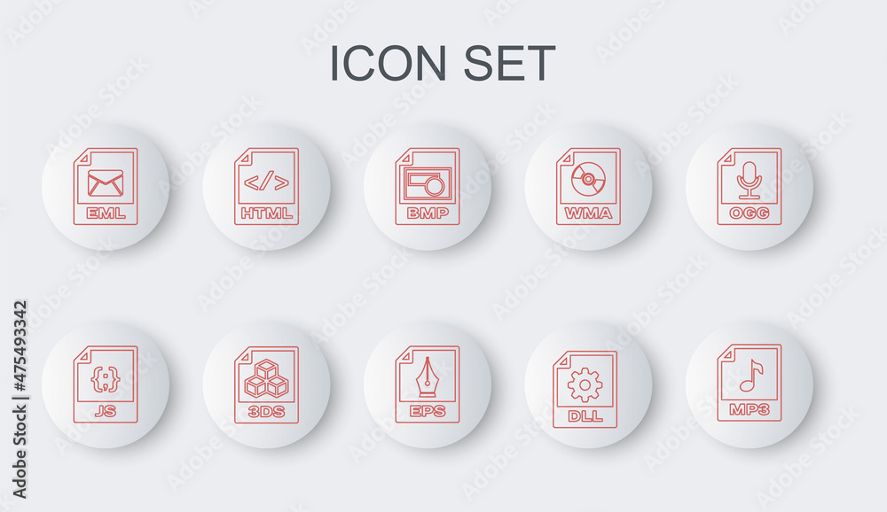Set line MP3 file document, JS, BMP, DLL, EML, HTML, 3DS and EPS icon.  Vector Stock Vector | Adobe Stock