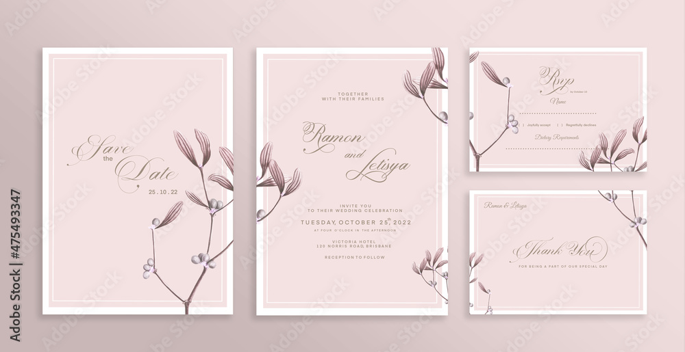 Wedding Invitation Set with Save the Date, RSVP, Thank You Card. Vintage Wedding invitation template with Beige Flower