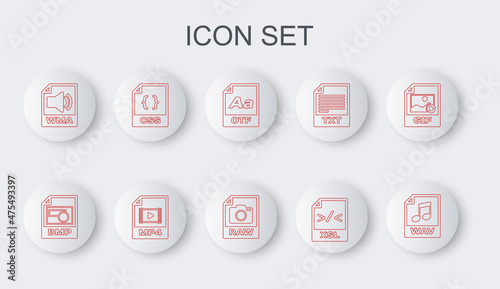 Set line WAV file document, BMP, OTF, XSL, WMA, CSS, MP4 and RAW icon. Vector