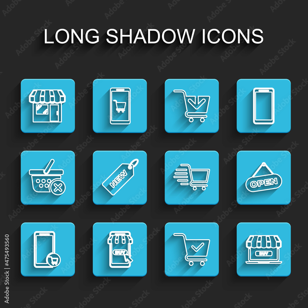 Set line Mobile and shopping cart, Market store, Shopping with check mark, Online, Price tag New, Hanging sign Open door and icon. Vector Set line Mobile and shopping cart, Market store, Shopping with check mark, Online, Price tag New, Hanging sign Open door and icon. Vector