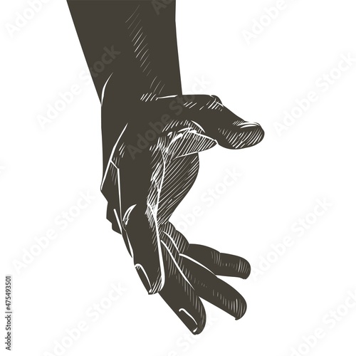 Helping hand concept. Gesture, sign of help and hope. Two hands taking each other. Isolated watercolor, line illustration on white background.