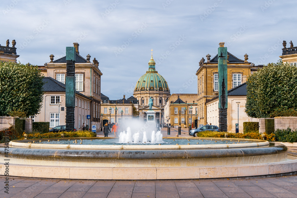 Copenhagen, Denmark - October 1, 2021: view of Amalienborg, royal danidh family resident with the Marble church in the background