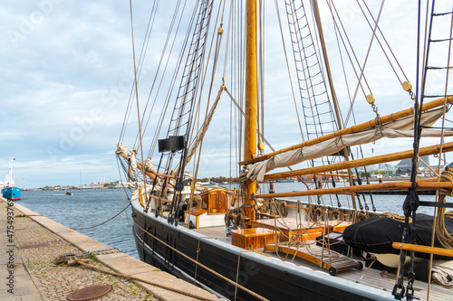 Photography Copenhagen, Denmark - October 1, 2021: old boats along the Larsens PI in Copenha