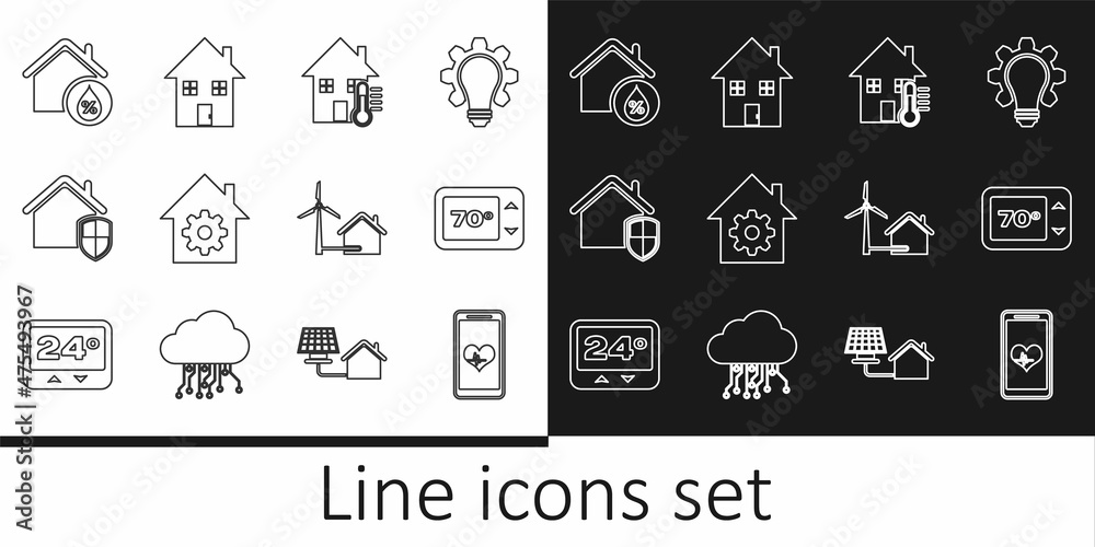 Set line Mobile with heart rate, Thermostat, House temperature, Smart home settings, under protection, humidity, wind turbine and icon. Vector