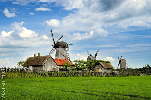 Wooden windmills, typical for estonian pre-war countryside. Angla, Saaremaa island, Estonia, Europe. photo