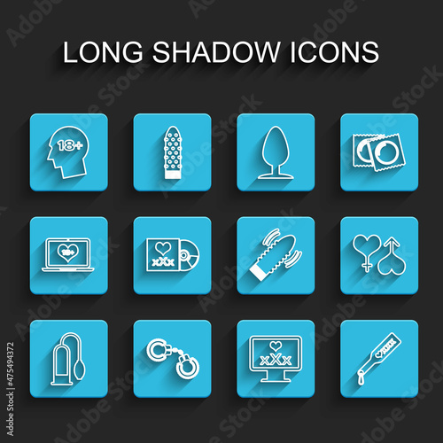Set line Penis pump, Sexy fluffy handcuffs, Head with 18 plus, Monitor content, Spanking paddle, Disc inscription, Male female heart and Dildo vibrator for sex games icon. Vector