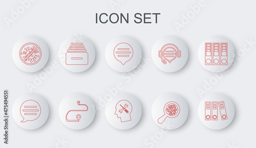 Set line Office folders, Speech bubble chat, Microorganisms under magnifier, Stop virus, bacteria, Drawer with documents, Route location and Human head service icon. Vector