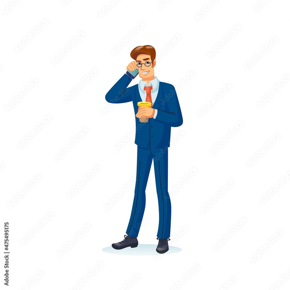 Vector cartoon flat businessman character in stylish suit with coffee cup talks on mobile phone on empty background-trendy fashion collection and business lifestyle concept,web site banner ad design Vector cartoon flat businessman character in stylish suit with coffee cup talks on mobile phone on empty background-trendy fashion collection and business lifestyle concept,web site banner ad design