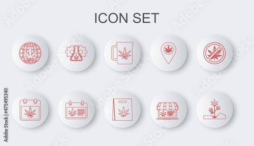 Set line Planting marijuana, Calendar and, Cup tea with, Online buying, Legalize, Test tube, and Shopping bag of icon. Vector