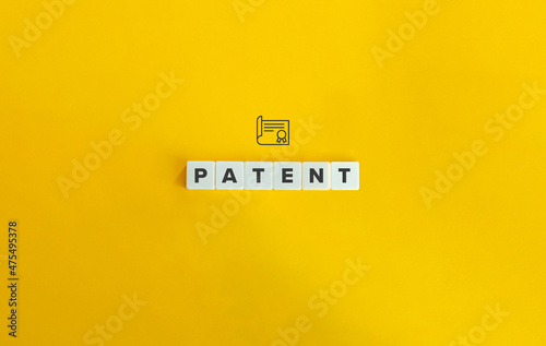 Patent banner and conceptual image. Block letters on bright orange background. Minimal aesthetics.
