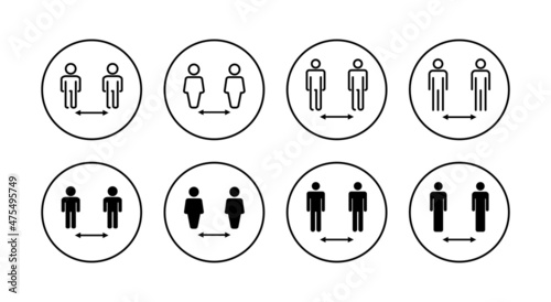 Social distance icons set. social distancing sign and symbol. self quarantine sign