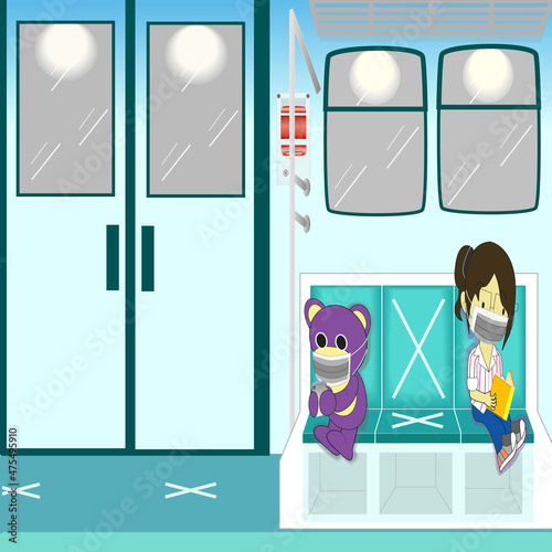 Mr.Purple bear with friend sit on the subway by the social distancing way