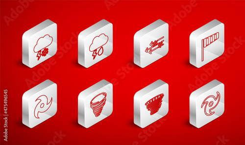 Set line Tornado, Cloud with rain and lightning, Wind snow, Cone windsock wind vane, and icon. Vector