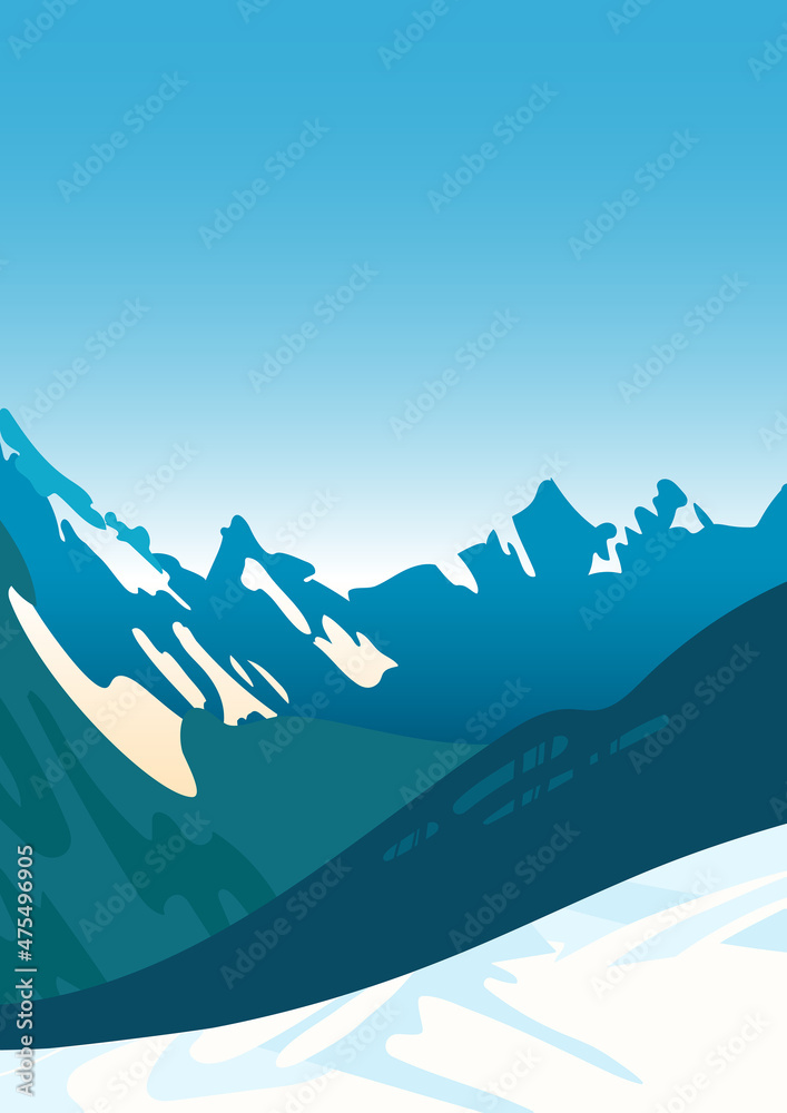 Snow-covered mountain ranges, blue sky. Bright winter landscape. Winter sports. Snowboarding, ski resort. For posters, postcards, banners, website.